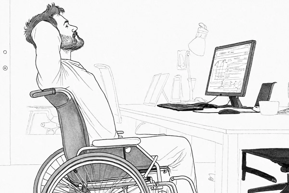 Illustration of a person in a wheelchair using a computer, representing digital accessibility and inclusive design.